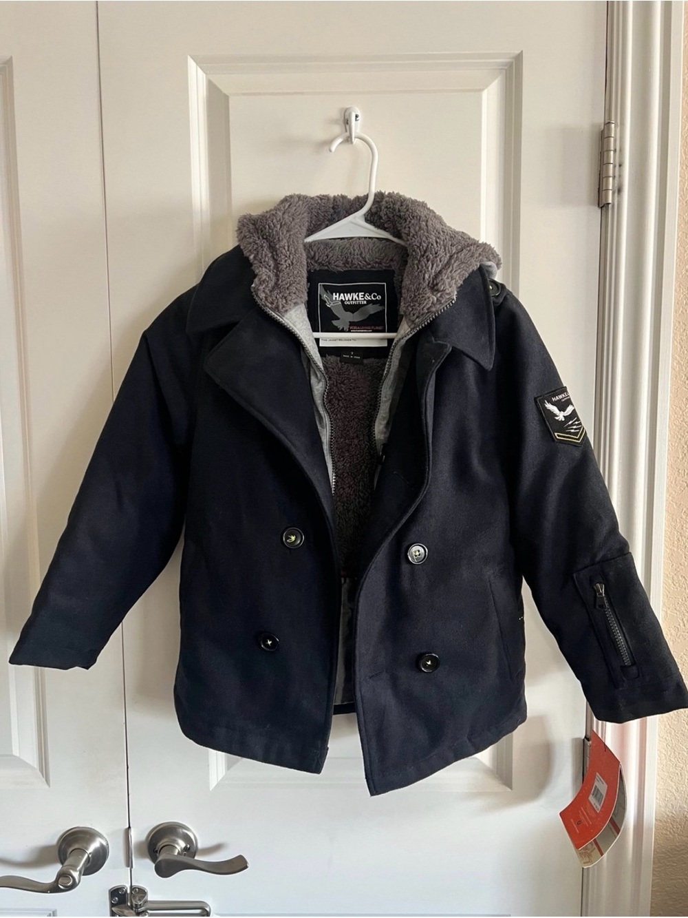 Hawke & Co Kids Navy Double-Breasted Pea Coat with Sherpa Hood